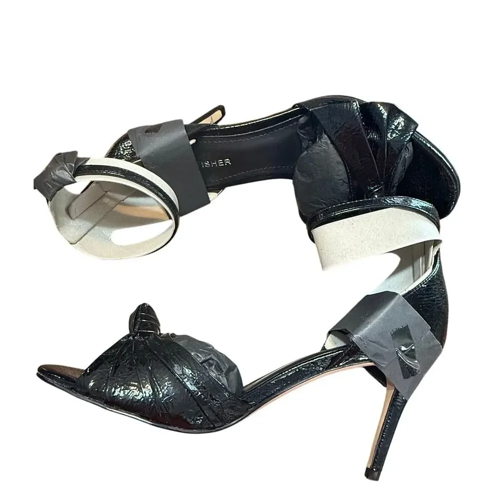 Marc Fisher Women’s Brodie Bow Ankle Strap Pumps Black Glossy Open Toe Heels 8M